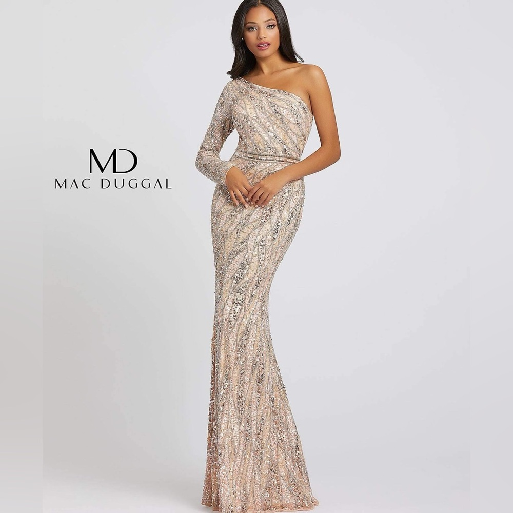 Mac Duggal Embellished Maxi Dress in Rose Gold Size 4 Asymmetrical One Shoulder